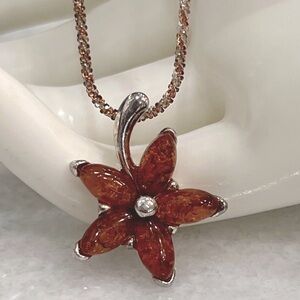 Baltic Amber Floral Pendant 14K RG Sterling Silver Necklace